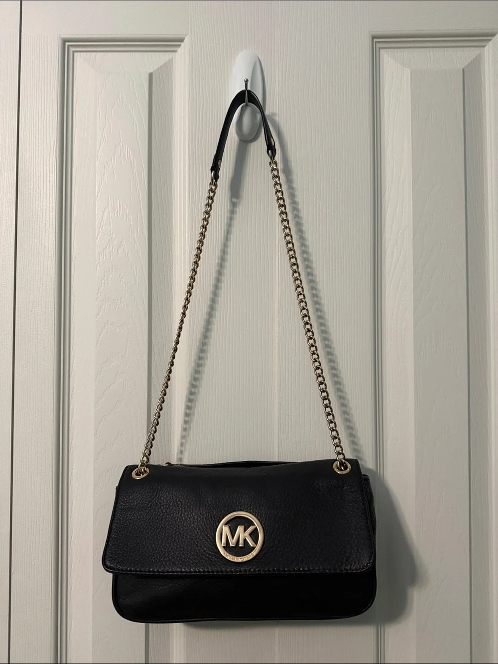 Michael Kors Black Leather Shoulder Bag with Gold MK Emblem